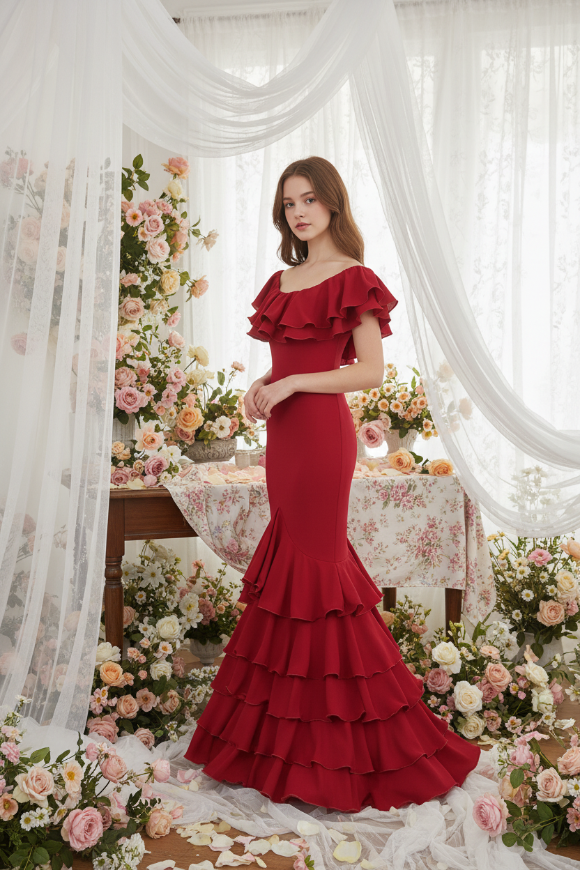 Traje de Flamenca EW5 | Vestido Flamenco con Gran Volante y 5 Volantes en Falda MASTER NUTRICION